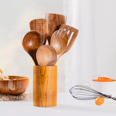 Natural Teak Wood Kitchen Utensils Cooking Spatula Soup Spoon Rice Paddle Long Handle Non Stick Wooden Kitchenware