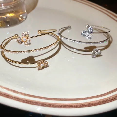 Bracciale Aperto Fiore Perla Artificial Sintetica Zirconia A Strati Rame Braccialetto Elegante Gioielli Per Donna