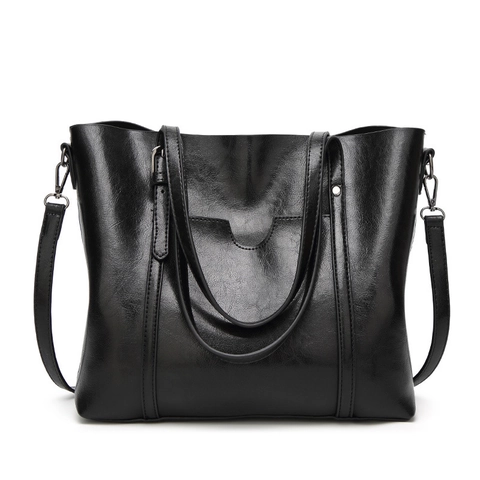Vintage Oil Wax PU Leather Tote Bag Large Capacity Solid Color Multi Functional Shoulder Handbag For Women Work Travel