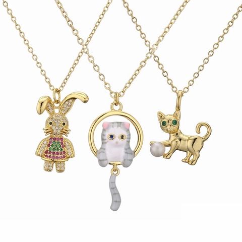 Cute Animal Pendant Necklace Copper Micro Zircon Inlaid Enamel Cat Rabbit Artificial Pearl Charm Clavicle Chain For Women