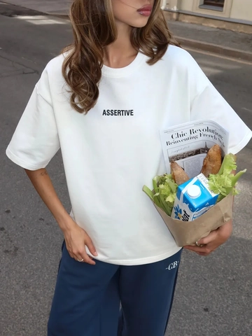 Assertive Buchstabendruck Baumwolle T-Shirt Damen Oversized Rundhalsausschnitt Kurzarm Streetwear Casual Drop Shoulder Tee