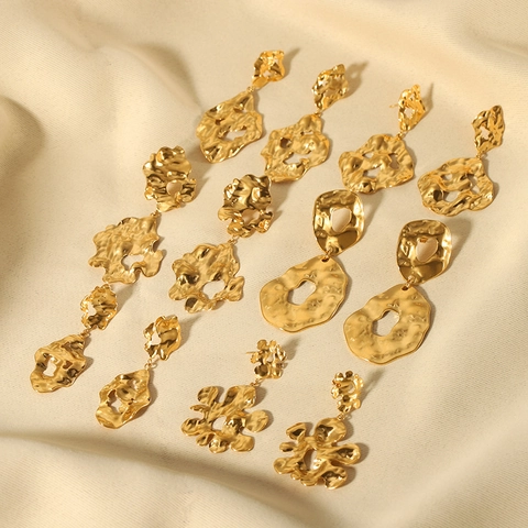 Vintage Irregular Crinkle Texture Drop Earrings 18K Gold Plated Stainless Steel Lava Jewelry With Earring Post For Women
