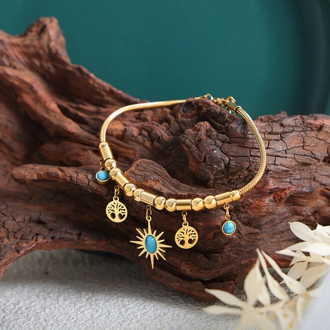 Bohemien Halskette Und Armband Schmuck Titanstahl Goldfarben Mit Türkisperlen Lebensbaum Sonnenstrahl Anhänger Vintage Für Damen