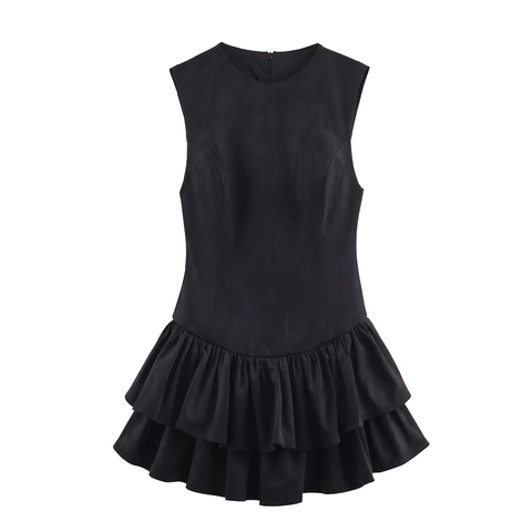 Robe Courte Sans Manches Texture Daim Coupe Ajustée Col Rond Élégant Ourlet À Volants Double Étage Tenue De Soirée Femme