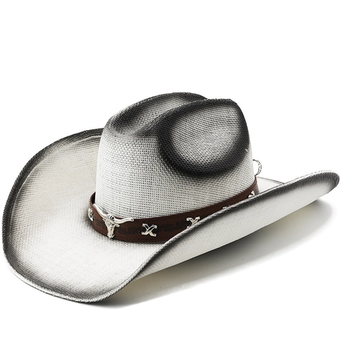 Western Cowboy Hat Paper Straw Woven Wide Brim Gradient Retro Outdoor Sun Hat With Leather Band And Metal Bull Head