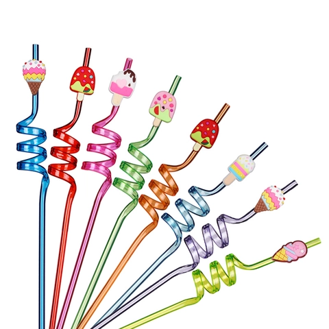 Spiral Plastic Drinking Straws With Cartoon Ice Cream Silicone Attachments For Kids Party Colorful Reusable