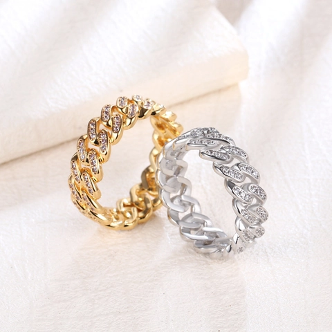 Cuban Link Ring Brass Gold Plated Full Zircon Iced Out Hip Hop Style Jewelry For Men And Women