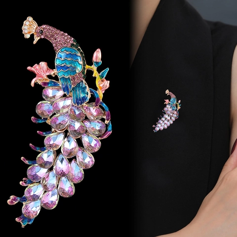 Broche de Pavo Real Fénix de Esmalte Estilo Chino Vintage Con Strass Colorido Perla Artificial Pin de Aleación Chapado en Oro Mujer