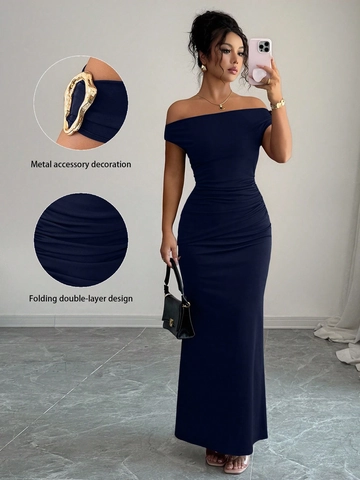 Off-The-Shoulder Slim Maxi Dress With Metal Ring Accent Ruched Bodycon Elegant Evening Party Gown For Women
