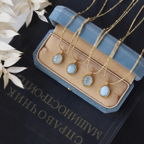 Collana Con Pendente Placcata Oro 18K Acciaio Inossidabile Pietra Naturale Ovale Blu Chiaro Catena A Sfere Vintage Elegante Gioielli Donna