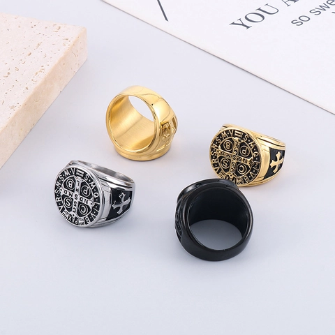 Anello Sigillo Medaglia San Benedetto Acciaio Inossidabile Retro Religioso Croce Gioielli Hip Hop Per Uomini