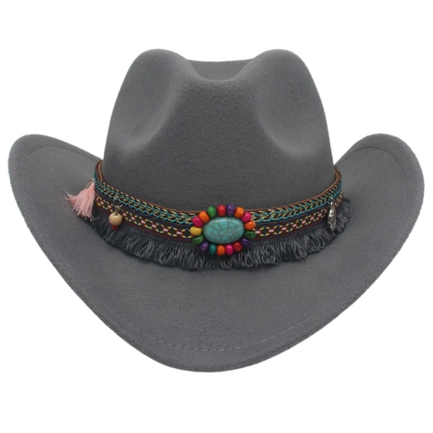 Westerse Cowboyhoed Wollen Vilt Met Etnische Turquoise Kralen Franjeband Brede Rand Bohemien Vintage Fedora Unisex
