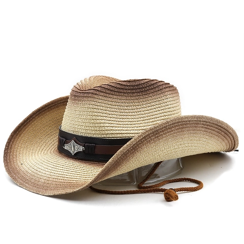 Western Cowboy Straw Hat Paper Gradient Color Wide Brim Sun Protection Beach Travel With Wind Rope Metal Decor Vintage