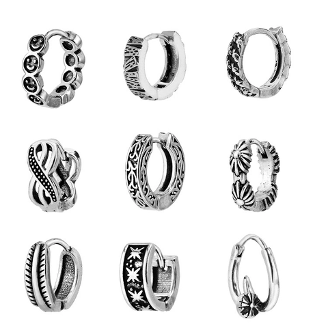 Vintage Stainless Steel Patterned Hoop Earrings Retro Carved Huggie Ear Clips Punk Street Jewelry For Men