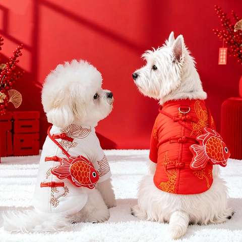Haustier Hund Katze Weste Geschirr Flannel Warm Traditionell Chinesischer Stil Karpfen Stickerei Neujahr Feier Welpe