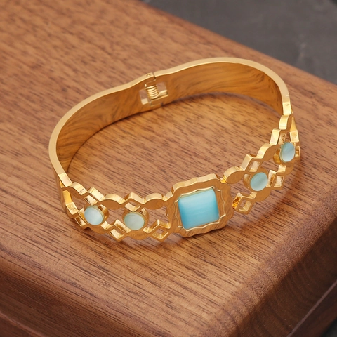 Bracciale Rigido Vintage In Acciaio Inossidabile Per Donna Placcato Oro Con Pietra Occhio Di Gatto Sintetica Bohemien