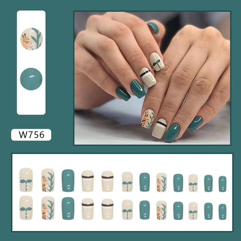 Unghie Finte A Pressione Giraffa Cartone Animato Foglia Verde Beige Quadrate Unghie Artificiali Stile Corto