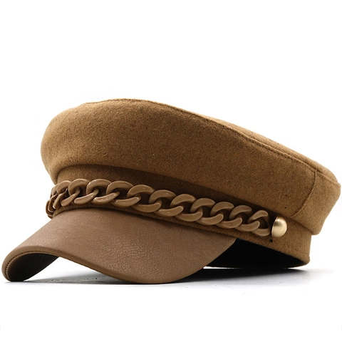 Cappello Newsboy Vintage Da Donna Visiera In Ecopelle Misto Lana Tetto Piatto Con Decorazione Catena Stile Retrò Baker Boy