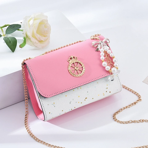 Women Sweet Crossbody Bag PU Leather Glitter Star Crown Flap Small Square Bag With Metal Chain And Artificial Pearl Pendant