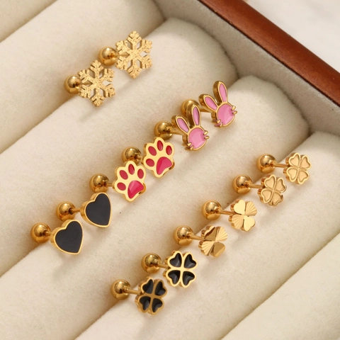 Stainless Steel Clover Heart Rabbit Stud Earrings Gold Plated Enamel Screw Back Small Earrings For Women Fashion Jewelry Gift