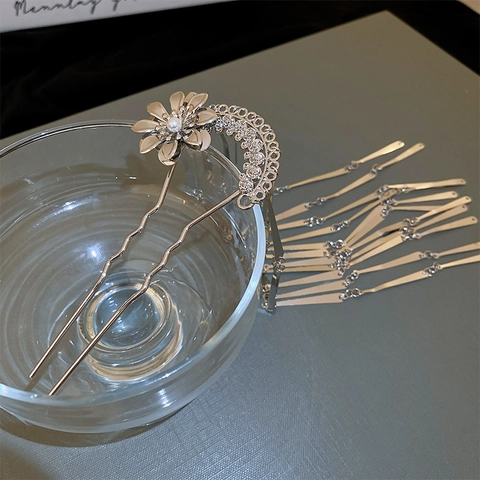 New Chinese Style Flower Artificial Pearl Tassel Hair Stick Metal Hair Fork For Women Vintage Elegant Hair Accessories Banquet Party Jewelry