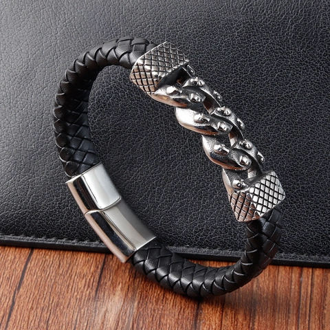 Vintage Punk Men Braided Leather Bracelet Titanium Steel Skull Charm Bracelet Polished Stainless Steel Magnetic Clasp Jewelry