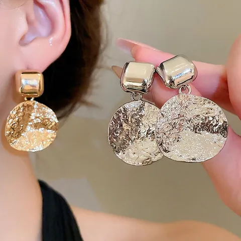 Hammered Round Dangle Earrings Geometric Square Studs Vintage Style Metal Alloy Jewelry With 925 Sterling Silver Earring Post For Women
