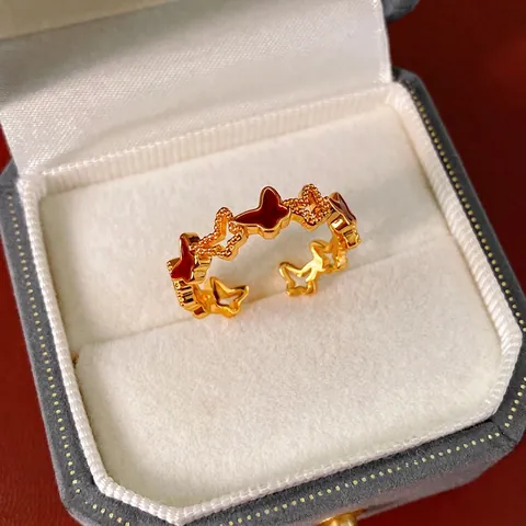 Vlinder Verstelbare Ring Koper Echt Goud Verguld Rood Emaille Holle Sieraden Voor Vrouwen Elegant Retro