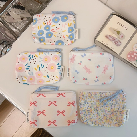 Mini Floral Print Cotton Coin Purse Zipper Pouch Card Holder For Women Girls Cute Rabbit Pattern Canvas Lining Organizer Bag