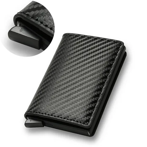RFID Blocking Card Holder Wallet Aluminum Alloy PU Leather Carbon Fiber Texture Automatic Pop Up Slim Minimalist Business