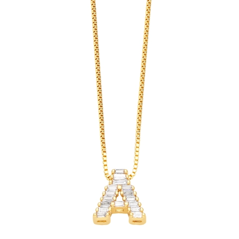 Initial Letter Pendant Necklace 18K Gold Plated Brass Baguette Zircon Fashion Jewelry For Women