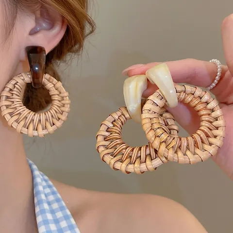 Bohemian Hoop Earrings With 925 Sterling Silver Earring Post Hand Woven Bamboo Rattan Resin Round Beach Vacation Jewelry