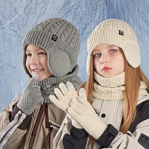 Kids Winter Knitted Hat Scarf And Gloves Set Fleece Lined Warm Ear Protection Outdoor Thick Acrylic Thermal