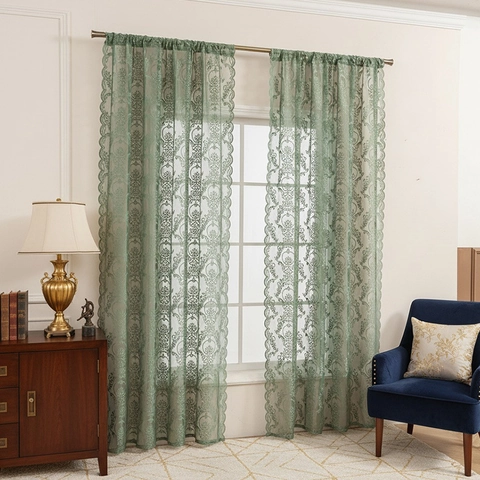 Vintage European Lace Sheer Curtains For Living Room Bedroom Damask Floral Embroidery Scalloped Edge Window Divider Drapery