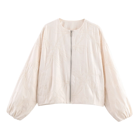 Women Embroidered Jacket Zip Up Round Neck Casual Floral Streetwear Polyester Outerwear Beige Long Sleeve Pocket