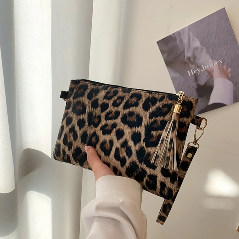 Mode Damen PU Leder Clutch Tasche Mit Leopard Kuh Druck Quaste Reißverschluss Handgelenkschlaufe Umschlag Handtasche Trendy