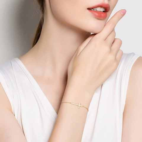 Bracciale Croce in Argento Sterling 925 per Donna Minimalista Placcato Oro Catena Regolabile Gioielli Religiosi Ornamento Mano