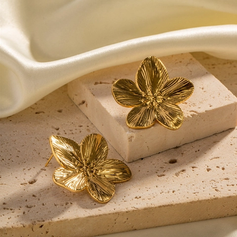 Flower Stud Earrings Alloy Brushed Metallic Texture Large Elegant French Retro Summer Beach Jewelry For Women