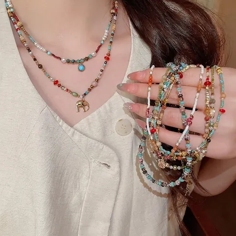 Collar De Cuentas Bohemio Con Colgante De Elefante Aleación Vidrio Piedra De Imagen Estilo Étnico Retro Joyería Para Mujer