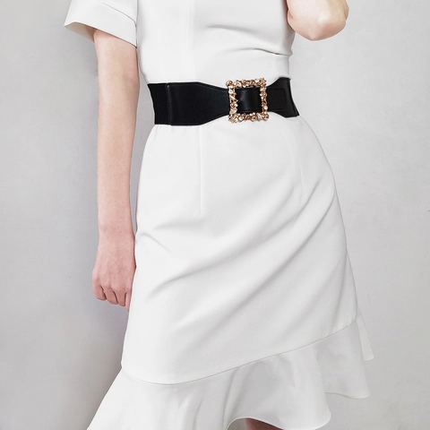 Elegant Women Elastic Waist Belt Gold Alloy Square Buckle Rhinestone High Stretch PU Leather Belt For Dress Fashion Accessories