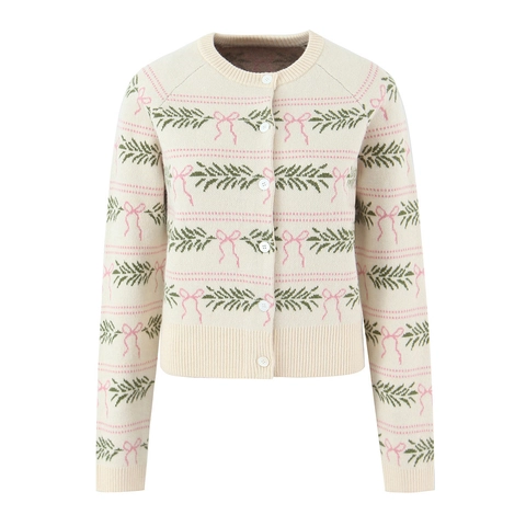 Dames Gebreid Vest Trui Ronde Hals Lange Mouwen Knoopsluiting Roze Strik Jacquard Schulprand Zoete Meisjes Top