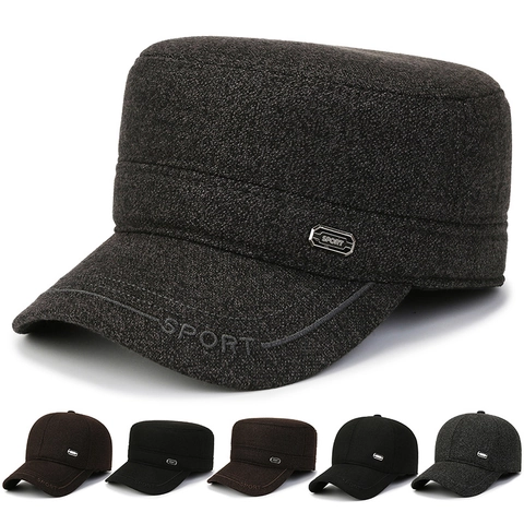 Heren Winter Cadet Cap Wollen Verdikte Thermische Flat Top Hoed Met Oorbescherming Verstelbare Outdoor Sportieve Casual Pet
