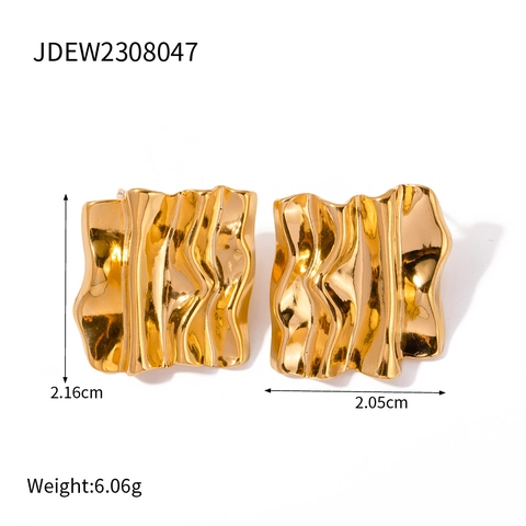Vintage Geometric Ruffled Stud Earrings For Women Stainless Steel Gold Plated Textured Wave Pattern Retro Jewelry