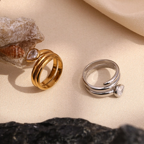 Edelstahl Wickelring 18K Vergoldet Weißer Zirkon Im Birnenschliff Geometrischer Spiral Schmuck Für Damen Elegant Trendig