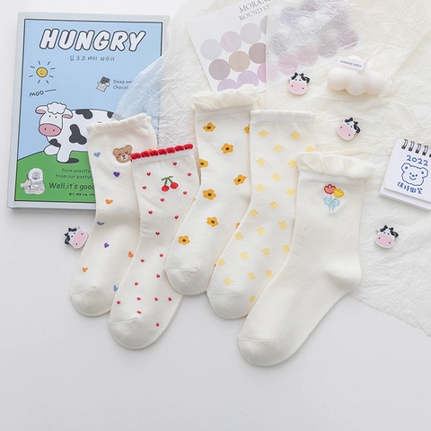Women Cute Cotton Crew Socks With Bear Heart Cherry Flower Embroidery Japanese Style White Off-White Ruffle Trim Socks