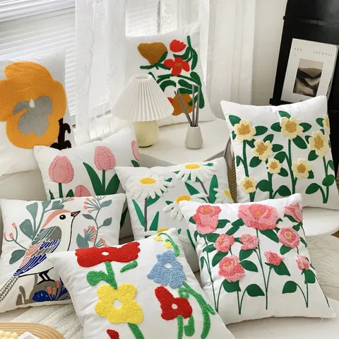 Floral Embroidery Cushion Cover Cotton Linen Tufted Chenille Tulip Sunflower Bird Sofa Decor Square Case Nordic Style