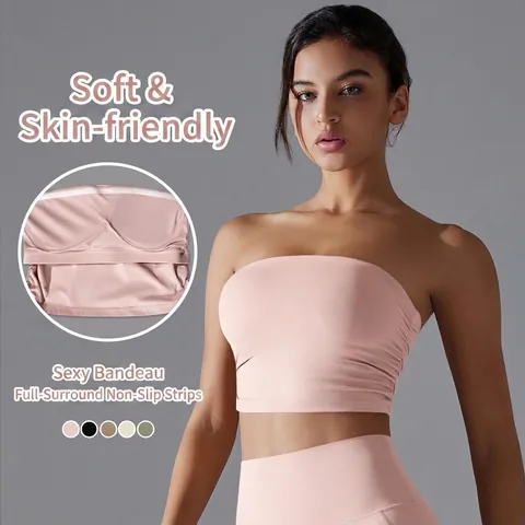 Women Tube Top Strapless Bandeau Nylon Spandex Breathable Side Ruched Yoga Fitness Sports Underwear Casual