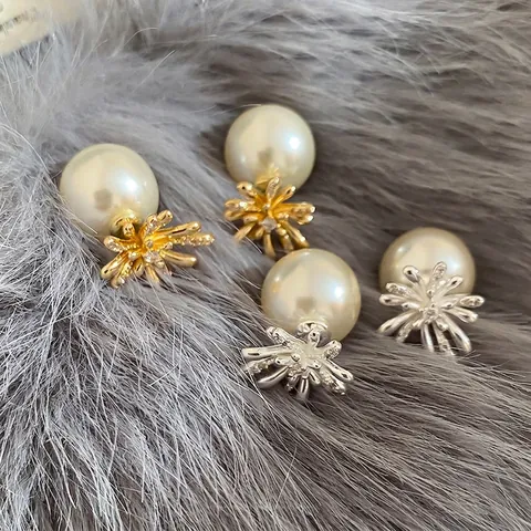 Flower Firework Artificial Pearl Stud Earrings With Zircon Rhinestones And Silver Earring Post Elegant Gold Plated For Women