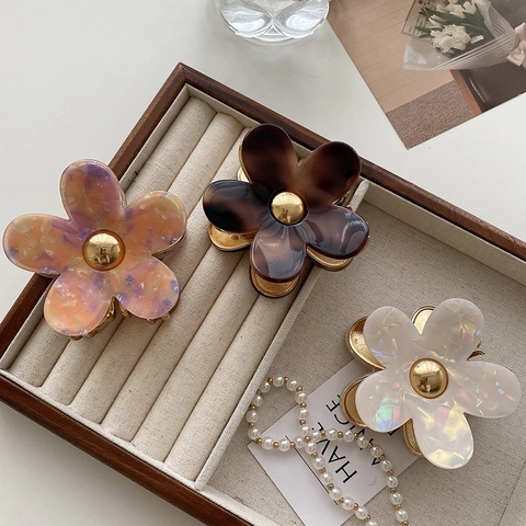 Molletta Per Capelli Fiore Acetato E Metallo Cinque Petali Elegante Stile Coreano Per Donne Presa Forte