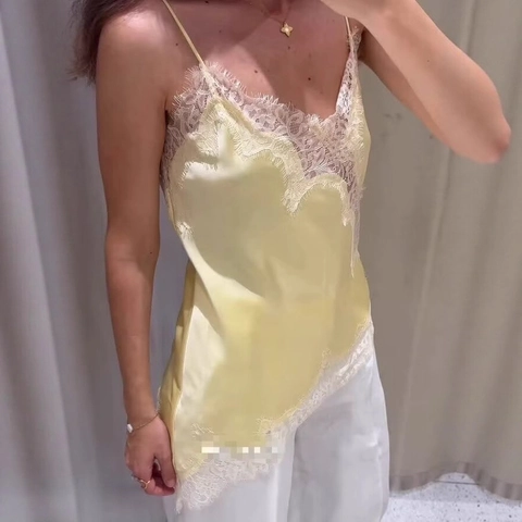 Top De Satén Mujer Encaje Tirantes Espagueti Cuello En V Sexy Elegante Camisola Dobladillo Irregular